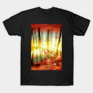 Endless Forest autumn forest red leaves optical illusion golden time T-Shirt